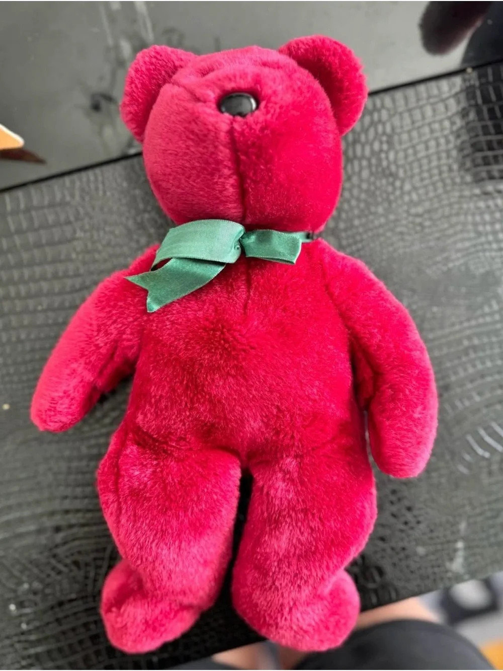 Ty Plush Deep Red Teddy Bear with Green Ribbon